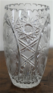 Pretty Crystal Vase with Etched Flowers on 3 Sides - Vase Measures 8 3/8 Tall 