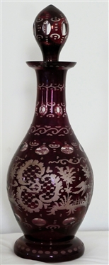 Ruby Red Bohemian Glass Decanter - Castle, Stag, and Flying Bird - Original Stopper - Decanter Measures 13 1/2" Tall - Chip on Rim - See Photo 