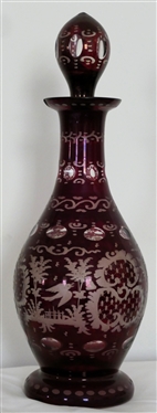Ruby Red Bohemian Glass Decanter - Castle, Stag, and Flying Bird - Original Stopper - Decanter Measures 13 1/2 Tall - Chip on Rim - See Photo 