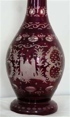 Ruby Red Bohemian Glass Decanter - Castle, Stag, and Flying Bird - Original Stopper - Decanter Measures 13 1/2 Tall - Chip on Rim - See Photo 