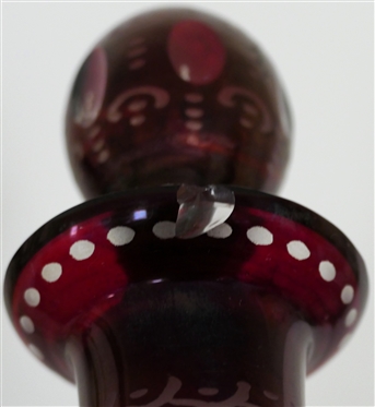 Ruby Red Bohemian Glass Decanter - Castle, Stag, and Flying Bird - Original Stopper - Decanter Measures 13 1/2 Tall - Chip on Rim - See Photo 