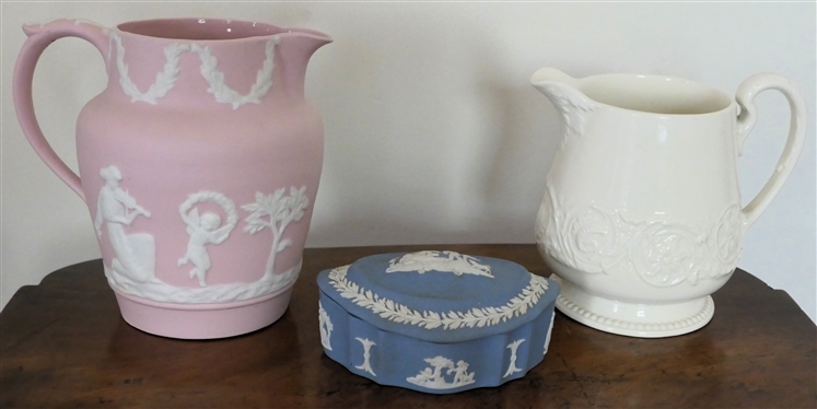3 Pieces of Wedgwood - Wedgwood Patrician Cream Pitcher (#30) 5" Tall , Pink Unsigned Jasperware Pitcher 23/207, and Blue Jasperware Lidded Box - 1 1/2" Tall 4 1/2" by 3" 
