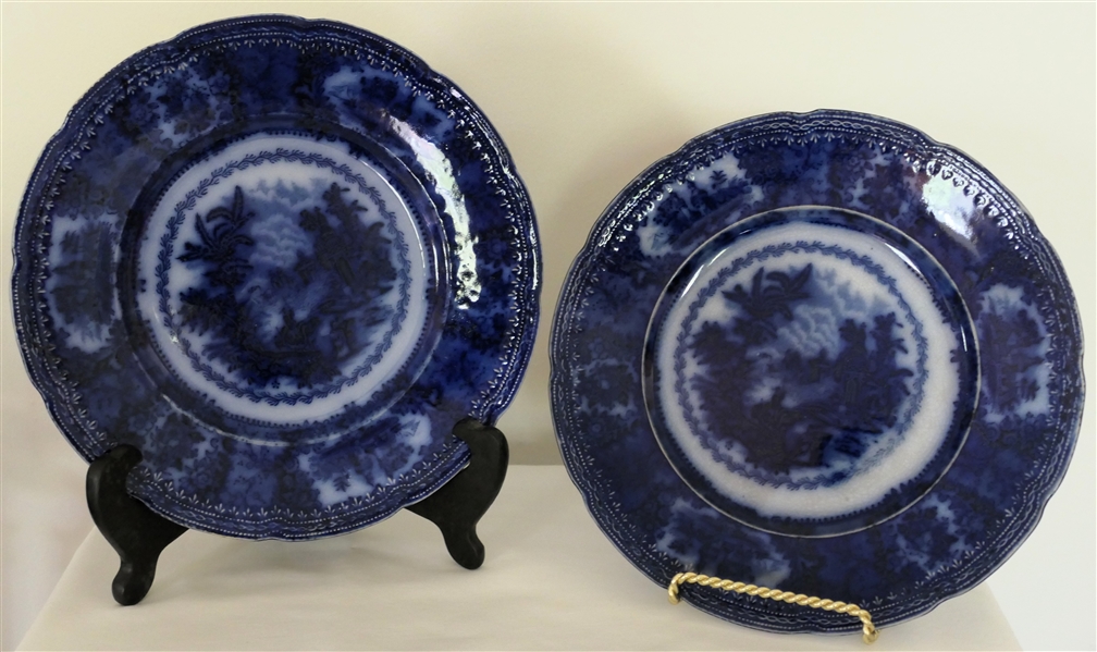 2 "Oriental" New Wharf , England - Flow Blue Plates - Early Victorian (1830-1860) - Dark Cobalt Blue Design - Each Measures 9 1/4" 