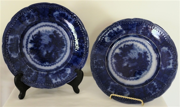 2 "Oriental" New Wharf , England - Flow Blue Plates - Early Victorian (1830-1860) - Dark Cobalt Blue Design - Each Measures 9 1/4" 