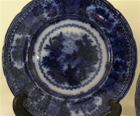 2 Oriental New Wharf , England - Flow Blue Plates - Early Victorian (1830-1860) - Dark Cobalt Blue Design - Each Measures 9 1/4 