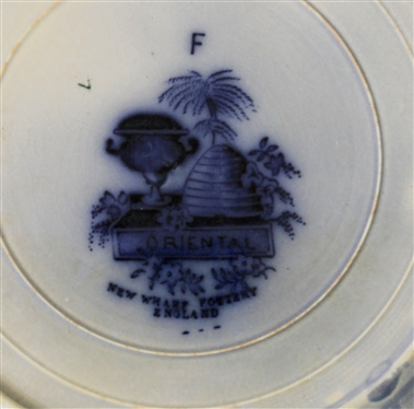 2 Oriental New Wharf , England - Flow Blue Plates - Early Victorian (1830-1860) - Dark Cobalt Blue Design - Each Measures 9 1/4 