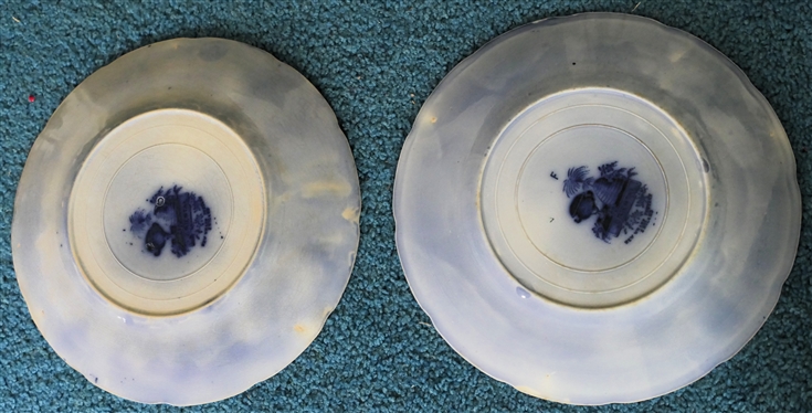 2 Oriental New Wharf , England - Flow Blue Plates - Early Victorian (1830-1860) - Dark Cobalt Blue Design - Each Measures 9 1/4 