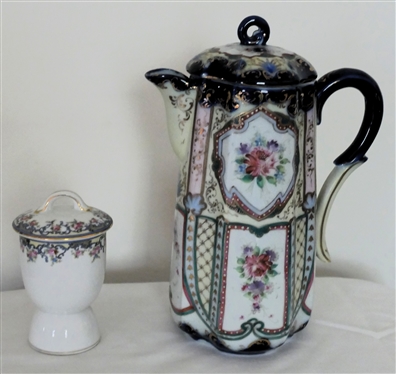 Noritake Egg Coddler with Lids and Hand Painted Porcelain Chocolate Pot with Lid Beautiful Florals with Gold Accents - Chocolate Pot Measures 9 Tall 