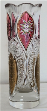 Very Fine Bohemian Glass Pillar Vase- Ruby Red and Gold Decoration with Applied Flowers - Vase Measures 9 3/4 Tall 