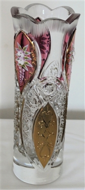 Very Fine Bohemian Glass Pillar Vase- Ruby Red and Gold Decoration with Applied Flowers - Vase Measures 9 3/4 Tall 