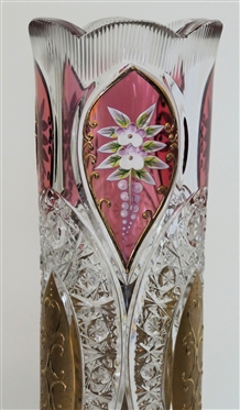Very Fine Bohemian Glass Pillar Vase- Ruby Red and Gold Decoration with Applied Flowers - Vase Measures 9 3/4 Tall 