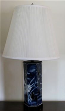 Oriental Blue and White Porcelain Table Lamp with Wood Base - White Lilly Pads - Pleated Shade - Lamp Measures 18 Tall 
