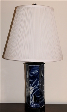 Oriental Blue and White Porcelain Table Lamp with Wood Base - White Lilly Pads - Pleated Shade - Lamp Measures 18 Tall 