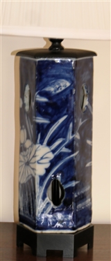 Oriental Blue and White Porcelain Table Lamp with Wood Base - White Lilly Pads - Pleated Shade - Lamp Measures 18 Tall 