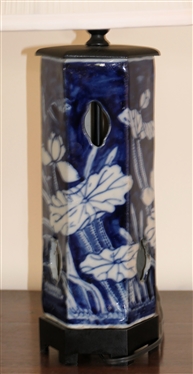Oriental Blue and White Porcelain Table Lamp with Wood Base - White Lilly Pads - Pleated Shade - Lamp Measures 18 Tall 