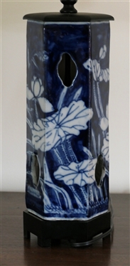 Oriental Blue and White Porcelain Table Lamp with Wood Base - White Lilly Pads - Pleated Shade - Lamp Measures 18 Tall 