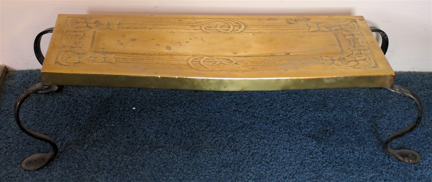 Arts and Crafts Period Brass and Iron Foot Stool - Embossed Flower Design on Brass Top - Curved Iron Legs with Round Feet - Stool Measures 5" Tall 22" by 9" 