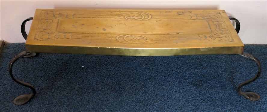Arts and Crafts Period Brass and Iron Foot Stool - Embossed Flower Design on Brass Top - Curved Iron Legs with Round Feet - Stool Measures 5 Tall 22 by 9 
