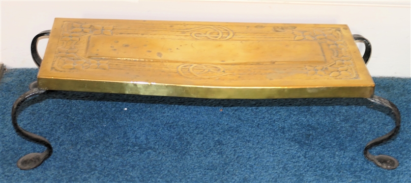 Arts and Crafts Period Brass and Iron Foot Stool - Embossed Flower Design on Brass Top - Curved Iron Legs with Round Feet - Stool Measures 5 Tall 22 by 9 