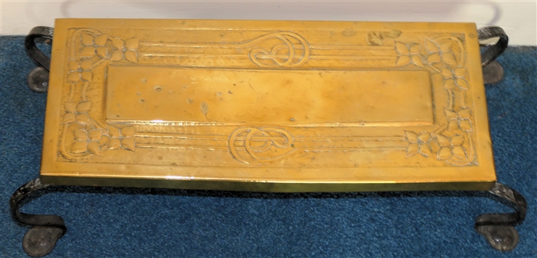 Arts and Crafts Period Brass and Iron Foot Stool - Embossed Flower Design on Brass Top - Curved Iron Legs with Round Feet - Stool Measures 5 Tall 22 by 9 