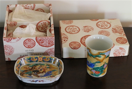 Jade Tree Hand Decorated Cup and Dish by Takahashi - San Francisco - 1981 - In Original Cardboard Box - Cup Measures 3 3/4 Tall 