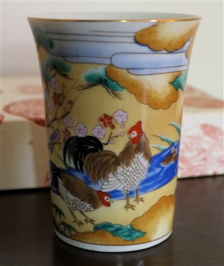 Jade Tree Hand Decorated Cup and Dish by Takahashi - San Francisco - 1981 - In Original Cardboard Box - Cup Measures 3 3/4 Tall 