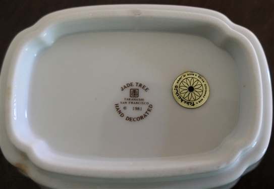 Jade Tree Hand Decorated Cup and Dish by Takahashi - San Francisco - 1981 - In Original Cardboard Box - Cup Measures 3 3/4 Tall 