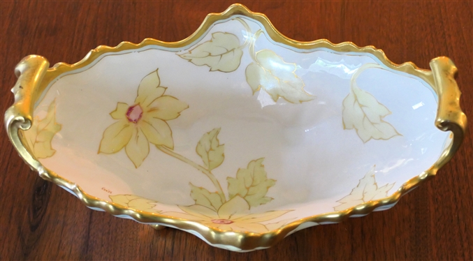 Bano Brothers - Elite France Limoges Hand painted Oval Center Bowl - Footed with Hand Painted Yellow Flowers - Bowl Measures 5 Tall 12 by 8 