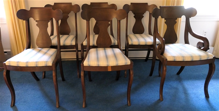 Set of 6 Mahogany Fiddleback Dining Chairs - 5 Side Chairs and 1 Captains - Cream and Blue Striped Upholstered Seats - One Chairs Has Small Piece of Missing Veneer on Apron 