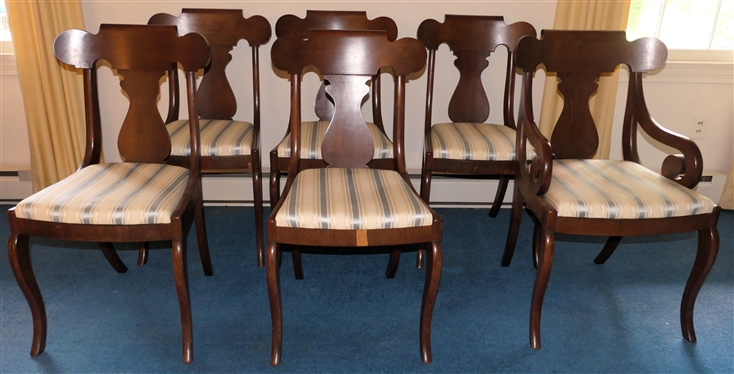Set of 6 Mahogany Fiddleback Dining Chairs - 5 Side Chairs and 1 Captains - Cream and Blue Striped Upholstered Seats - One Chairs Has Small Piece of Missing Veneer on Apron 