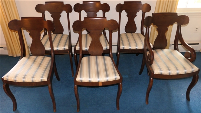 Set of 6 Mahogany Fiddleback Dining Chairs - 5 Side Chairs and 1 Captains - Cream and Blue Striped Upholstered Seats - One Chairs Has Small Piece of Missing Veneer on Apron 