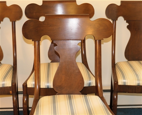 Set of 6 Mahogany Fiddleback Dining Chairs - 5 Side Chairs and 1 Captains - Cream and Blue Striped Upholstered Seats - One Chairs Has Small Piece of Missing Veneer on Apron 