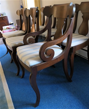 Set of 6 Mahogany Fiddleback Dining Chairs - 5 Side Chairs and 1 Captains - Cream and Blue Striped Upholstered Seats - One Chairs Has Small Piece of Missing Veneer on Apron 