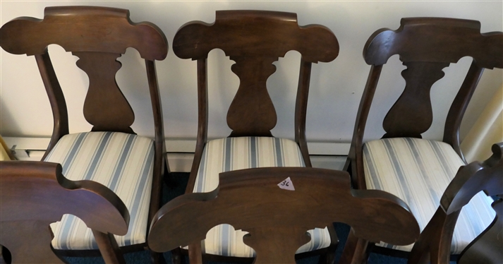 Set of 6 Mahogany Fiddleback Dining Chairs - 5 Side Chairs and 1 Captains - Cream and Blue Striped Upholstered Seats - One Chairs Has Small Piece of Missing Veneer on Apron 