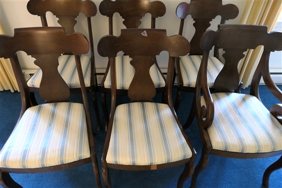 Set of 6 Mahogany Fiddleback Dining Chairs - 5 Side Chairs and 1 Captains - Cream and Blue Striped Upholstered Seats - One Chairs Has Small Piece of Missing Veneer on Apron 