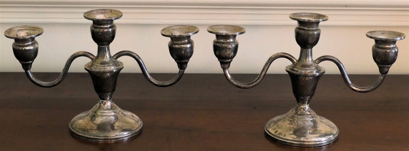 Pair of Sterling Silver Weighted 3 Light Candle Holders - Marked "M" Sterling 421 - Measures 5 1/2" Tall 9" Across