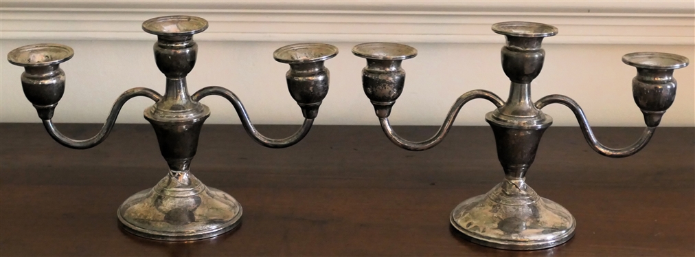 Pair of Sterling Silver Weighted 3 Light Candle Holders - Marked M Sterling 421 - Measures 5 1/2 Tall 9 Across