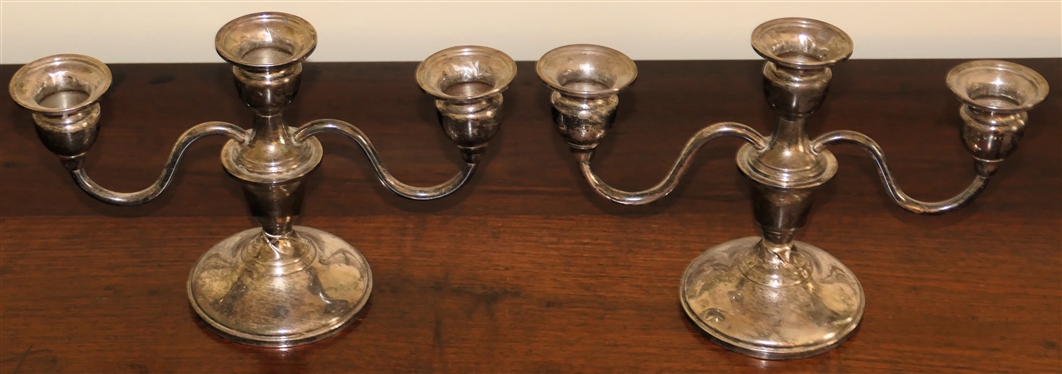 Pair of Sterling Silver Weighted 3 Light Candle Holders - Marked M Sterling 421 - Measures 5 1/2 Tall 9 Across