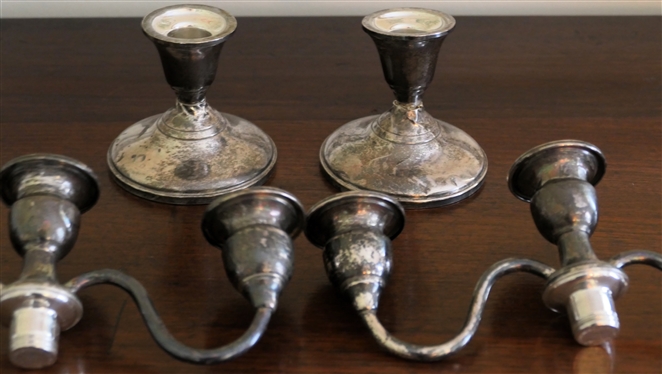 Pair of Sterling Silver Weighted 3 Light Candle Holders - Marked M Sterling 421 - Measures 5 1/2 Tall 9 Across