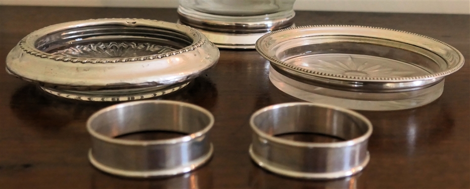 2 Coasters with Sterling Silver Rims, Clear Glass Pitcher with Sterling Silver Base, and 2 Gorham Sterling Napkin Rings 
