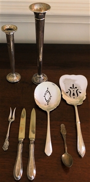 Mixed Lot of Sterling Silver Pieces - 2 Weighted Sterling Silver Bud Vases - Both Dented, Towle Sterling Silver Tomato Server, Sterling Silver Handled Pastry Server, Sterling Souvenir Spoon and...