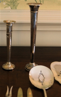 Mixed Lot of Sterling Silver Pieces - 2 Weighted Sterling Silver Bud Vases - Both Dented, Towle Sterling Silver Tomato Server, Sterling Silver Handled Pastry Server, Sterling Souvenir Spoon and...