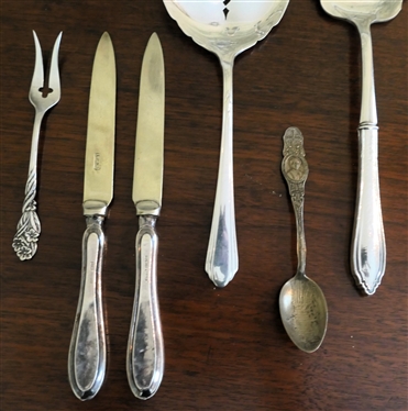 Mixed Lot of Sterling Silver Pieces - 2 Weighted Sterling Silver Bud Vases - Both Dented, Towle Sterling Silver Tomato Server, Sterling Silver Handled Pastry Server, Sterling Souvenir Spoon and...