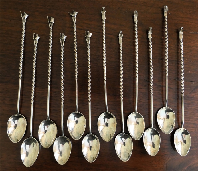 12 Hand Crafted Silver Cocktail Stirrer Spoons with Tiny Handmade Man and Woman Terminals - Twisted Stems - Each Spoon Measures 7 1/8" Long 