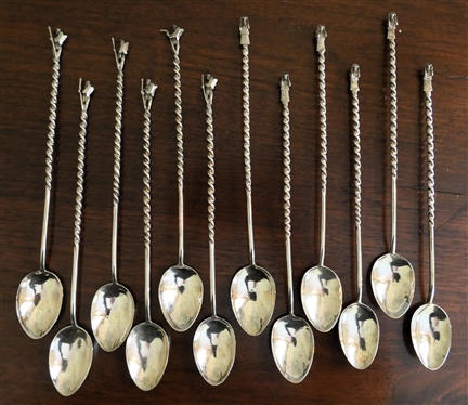 12 Hand Crafted Silver Cocktail Stirrer Spoons with Tiny Handmade Man and Woman Terminals - Twisted Stems - Each Spoon Measures 7 1/8 Long 