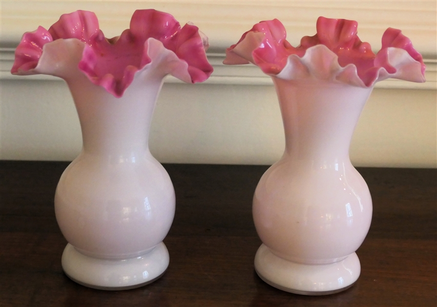 Pair of Made in Czechoslovakia Pink and White Case Glass Ruffled Edge Vases - Each Vase Measures 6 1/4" Tall  - Marked on Bottoms