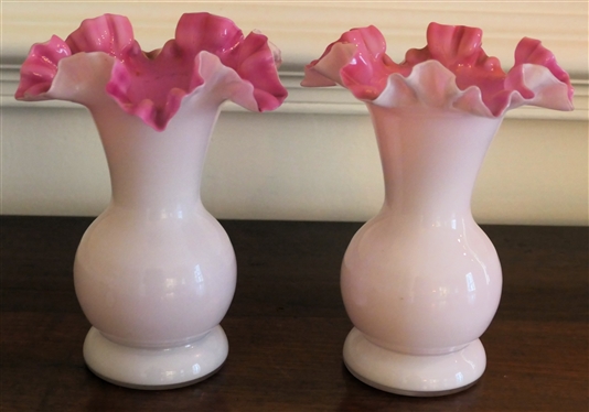 Pair of Made in Czechoslovakia Pink and White Case Glass Ruffled Edge Vases - Each Vase Measures 6 1/4 Tall  - Marked on Bottoms