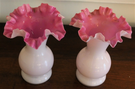 Pair of Made in Czechoslovakia Pink and White Case Glass Ruffled Edge Vases - Each Vase Measures 6 1/4 Tall  - Marked on Bottoms