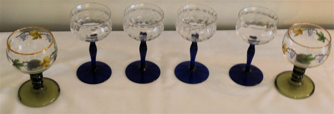 6 Coupe Glasses - 4 with Cobalt Blue Stems and 2 with Olive Green Stems- Grape and Leaf Motif - Cobalt Blue Measure 4 3/4 Tall 