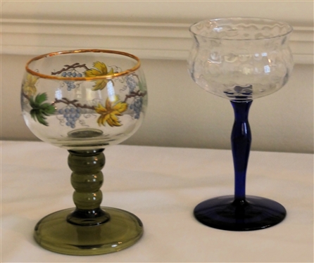 6 Coupe Glasses - 4 with Cobalt Blue Stems and 2 with Olive Green Stems- Grape and Leaf Motif - Cobalt Blue Measure 4 3/4 Tall 